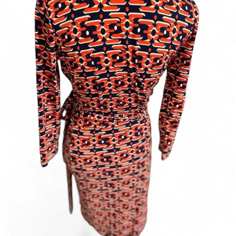 Felicity & Coco Wrap Dress Art Deco Print - Size XS Coral Red & Navy Long Sleeve